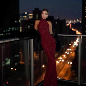 外贸女装欧美风 时尚性感宴会红毯礼服 气质挂脖包臀长款连衣裙